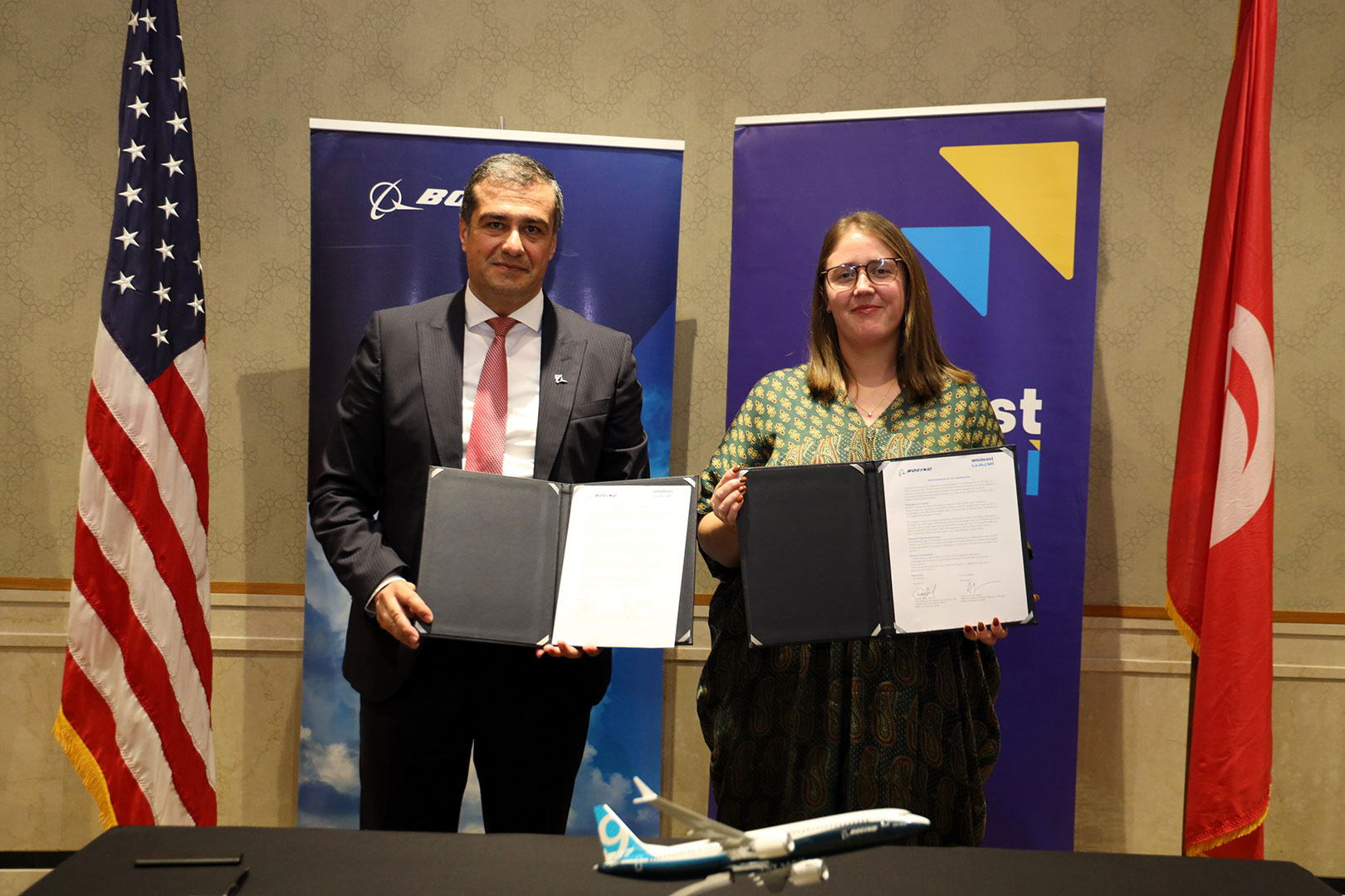 (L_R) Wael Zaoud, Managing Director, Boeing MENA; Annie Stetler, Country Director, Amideast Tunisia.
