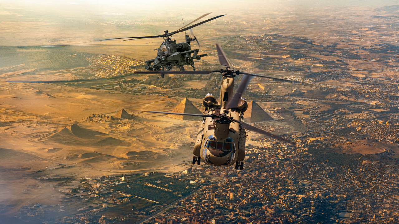Boeing CH-47 and AH-64 flying over Egypt.