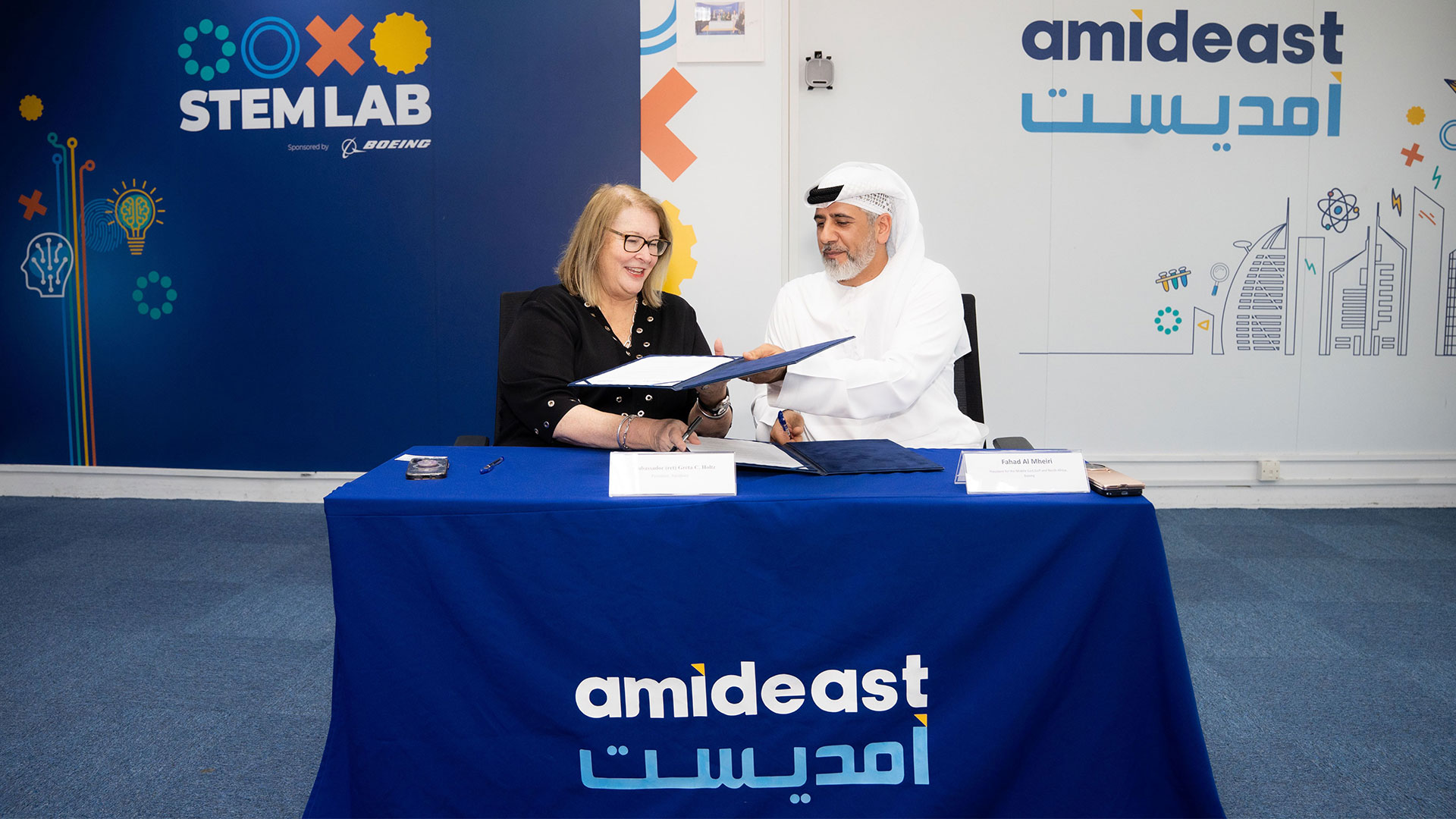Fahad Al Mheiri, Boeing president for the Middle East Gulf and North Africa, and Ambassador (ret) Greta C. Holtz, President and Chief Executive Officer of Amideast.