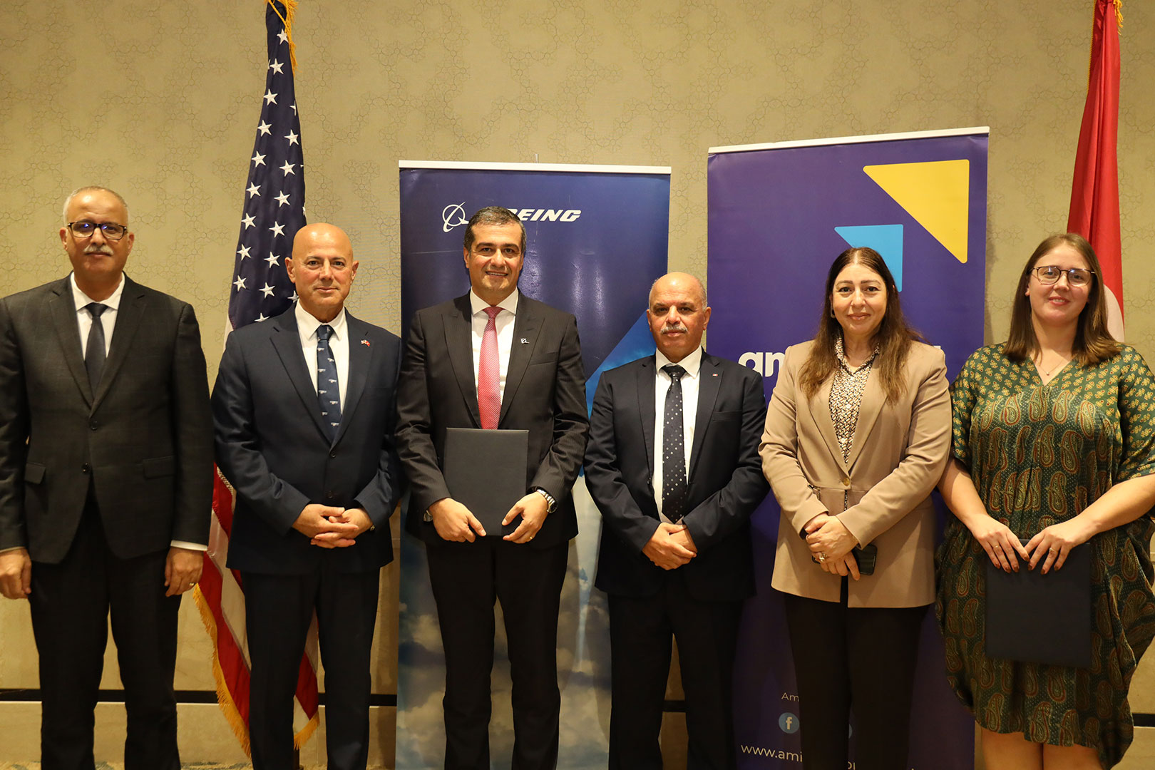 (L-R) Riadh Dridi, Director General for the Americas, Ministry of Foreign Affairs of Tunisia; Honorable Bill Bazzi, U.S. Ambassador to the Republic of Tunisia; Wael Zaoud, Managing Director, Boeing MENA; H.E. Rachid Amri, Minister of Transport of Tunisia; Halima Khouaja, CEO Tunisair; Annie Stetler, Country Director, Amideast Tunisia